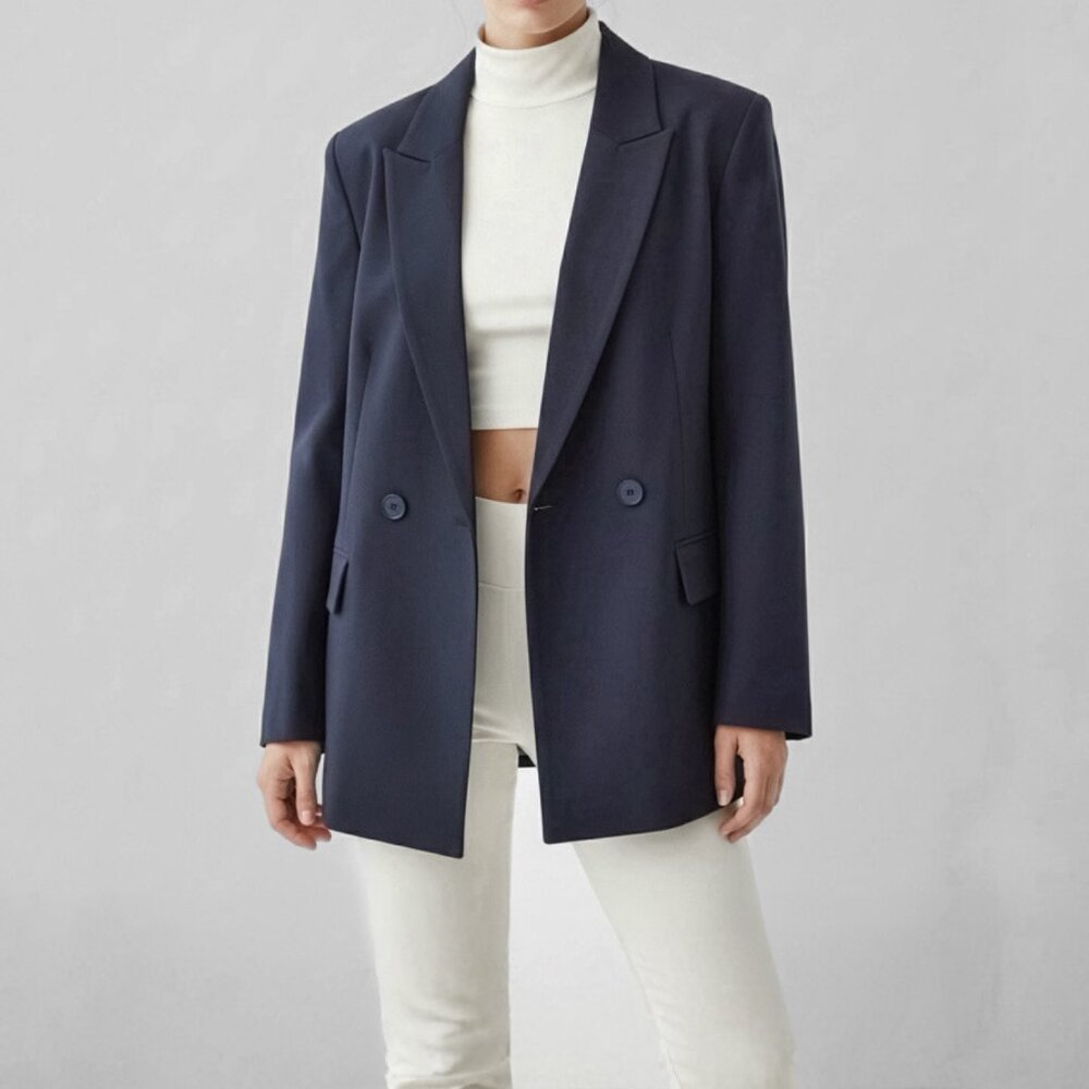 Vintage Double Breasted Blazer Suit Jacket 4P Navy Blue Tailored Minimalist